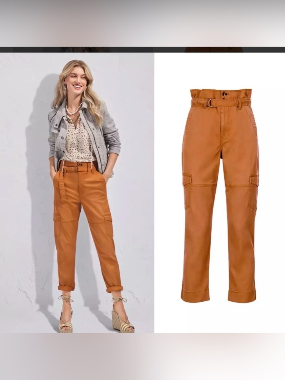 New! CAbi 6045 Paper Bag High Rise Cargo Pants Belted Mustard Cashew 8